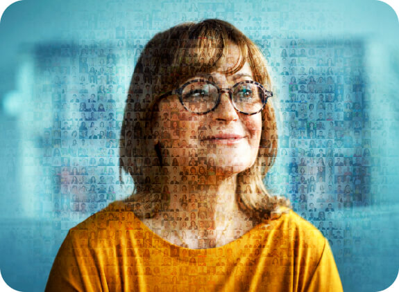 Mosaic overlay on top of a woman with glasses, smiling in a self-assured manor.